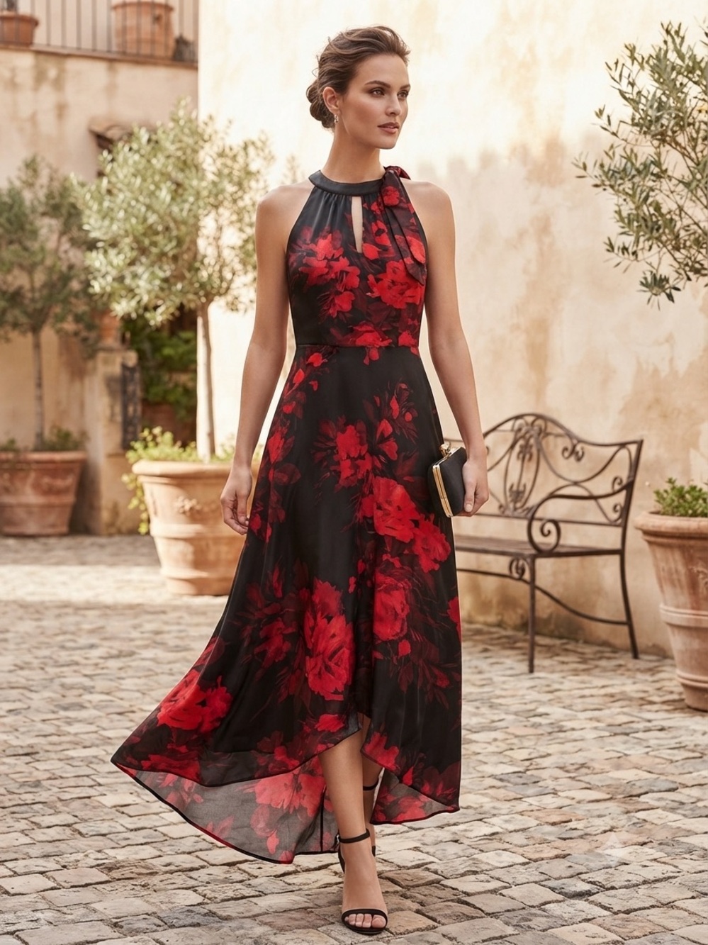 Chetta B Black Dress with Red Floral Print - High-Low Halter